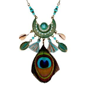 Boho Necklace with Peacock Feather, Cowrie Shell & Turquoise Beads